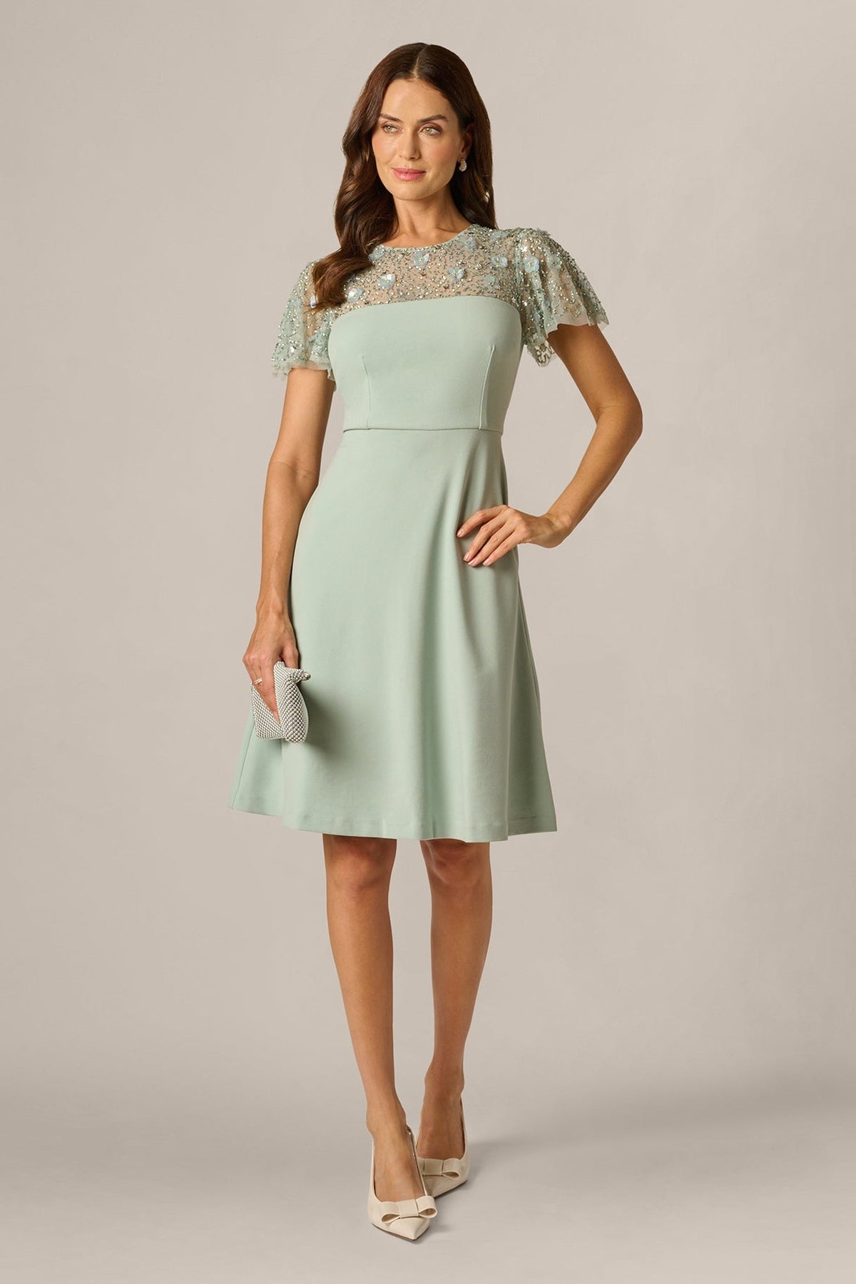 Adrianna Papell AP1E212920 Icy Sage flutter sleeve beaded illusion short dress three-quarter side