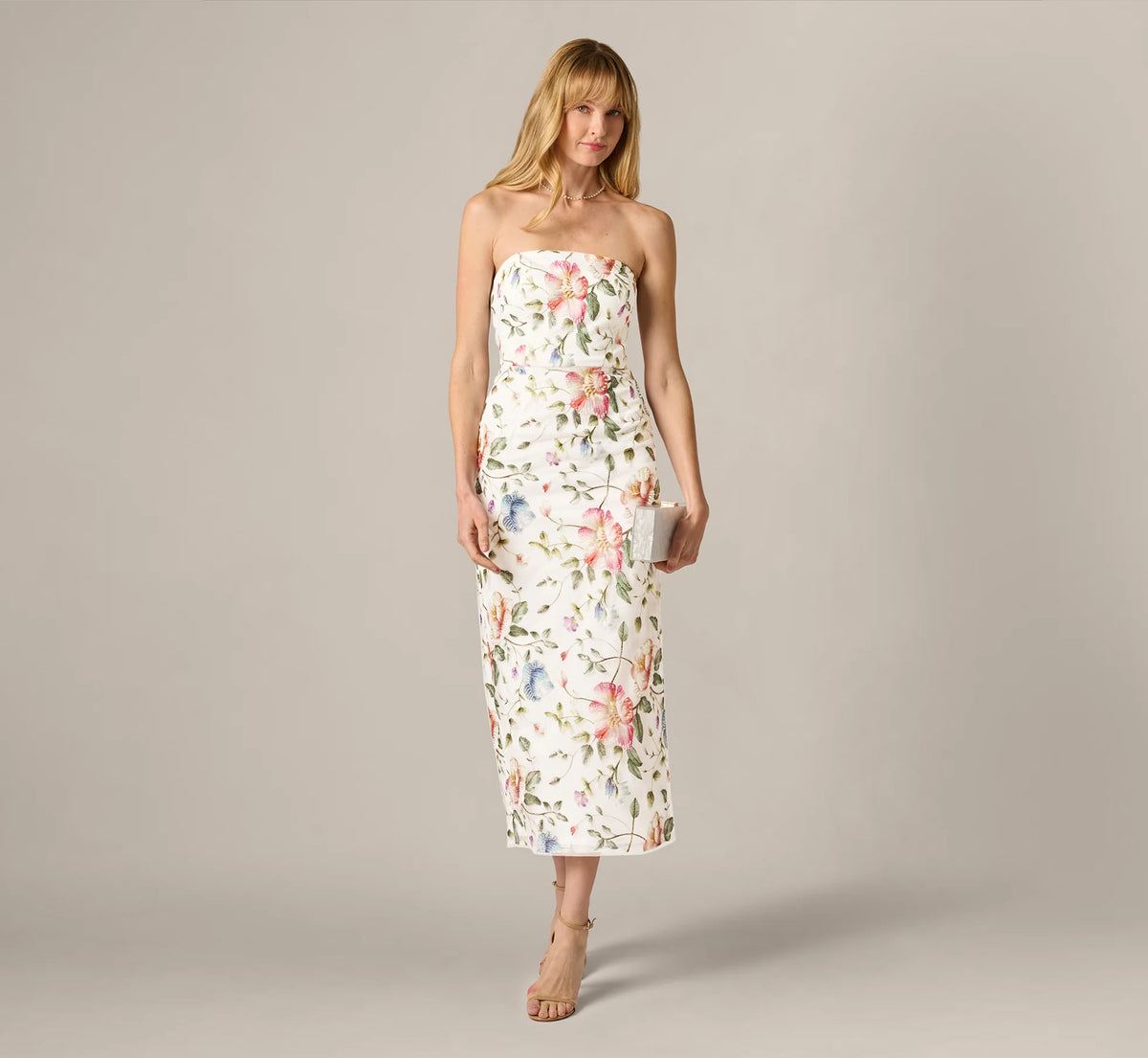 Strapless Floral Beaded Embroidery Midi Dress Adrianna Papell AP1E212950