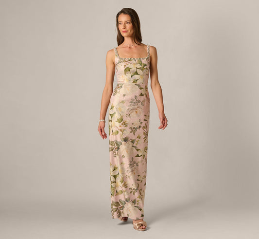 Beaded Square Neck Floral Jacquard Gown Adrianna Papell AP1E213017