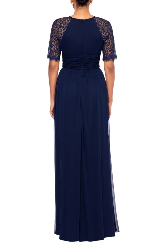 Navy Jewel Neck Floor-Length Mesh Formal Dress Lace Flutter SleevesBetsy & Adam B266