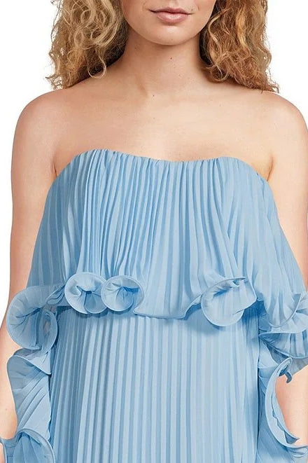 Badgley Mischka Strapless Back Concealed Zip Hook Ruffled Pleated Chiffon Shift Gown Silhouette Dress - pale blue - neck view