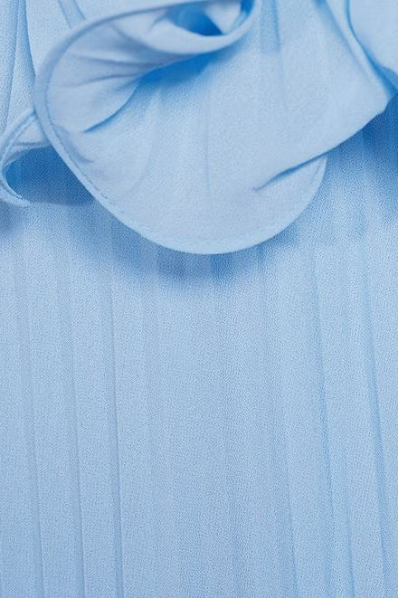 Badgley Mischka Strapless Back Concealed Zip Hook Ruffled Pleated Chiffon Shift Gown Silhouette Dress- pale blue- fabric