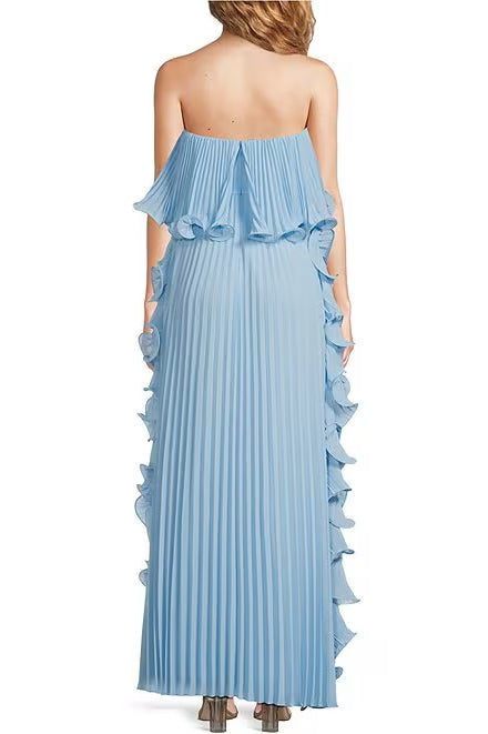 Badgley Mischka Strapless Back Concealed Zip Hook Ruffled Pleated Chiffon Shift Gown Silhouette Dress - PALE BLUE - back