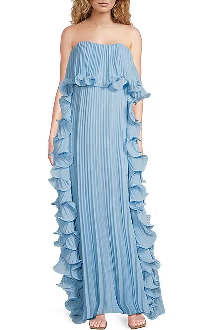Badgley Mischka Strapless Back Concealed Zip Hook Ruffled Pleated Chiffon Shift Gown Silhouette Dress - PALE BLUE - front
