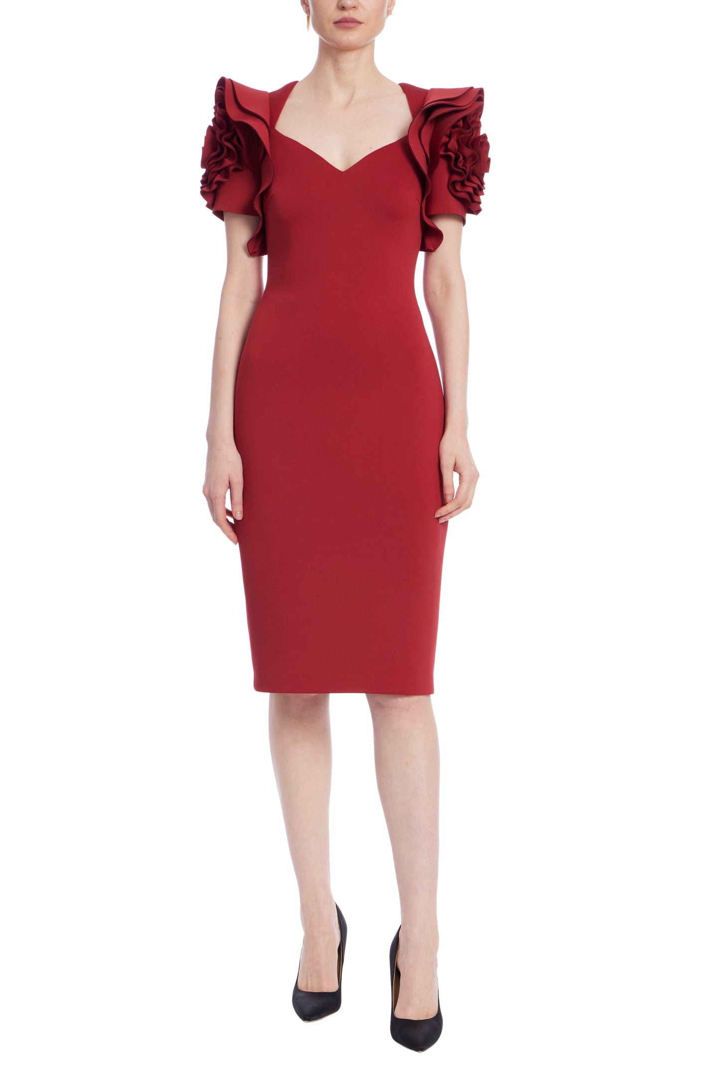 Badgley Mischka V-Neck Ruffled Rosette Sleeves Midi Sheath Dress