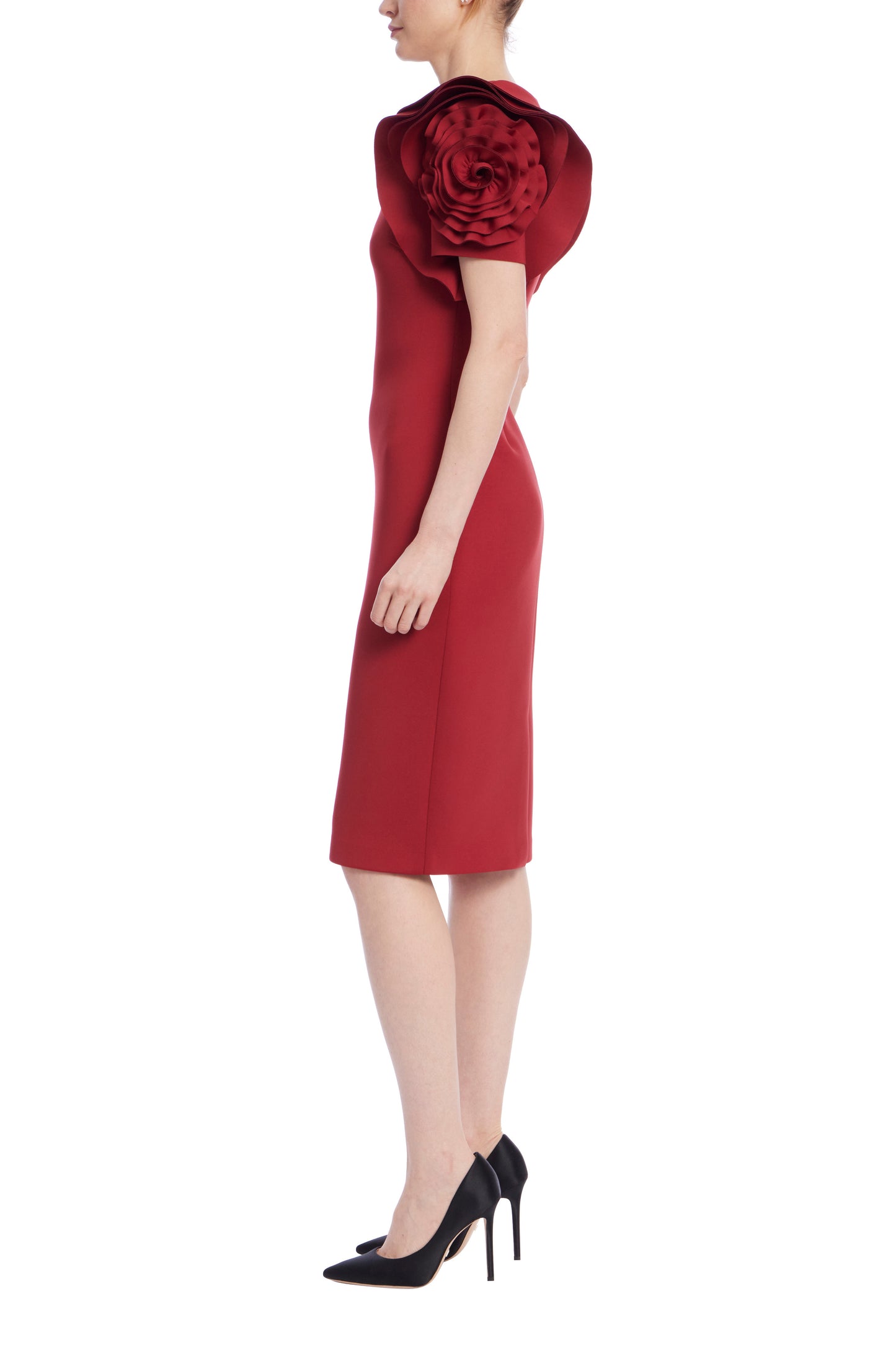 Badgley Mischka V-Neck Ruffled Rosette Sleeves Midi Sheath Dress