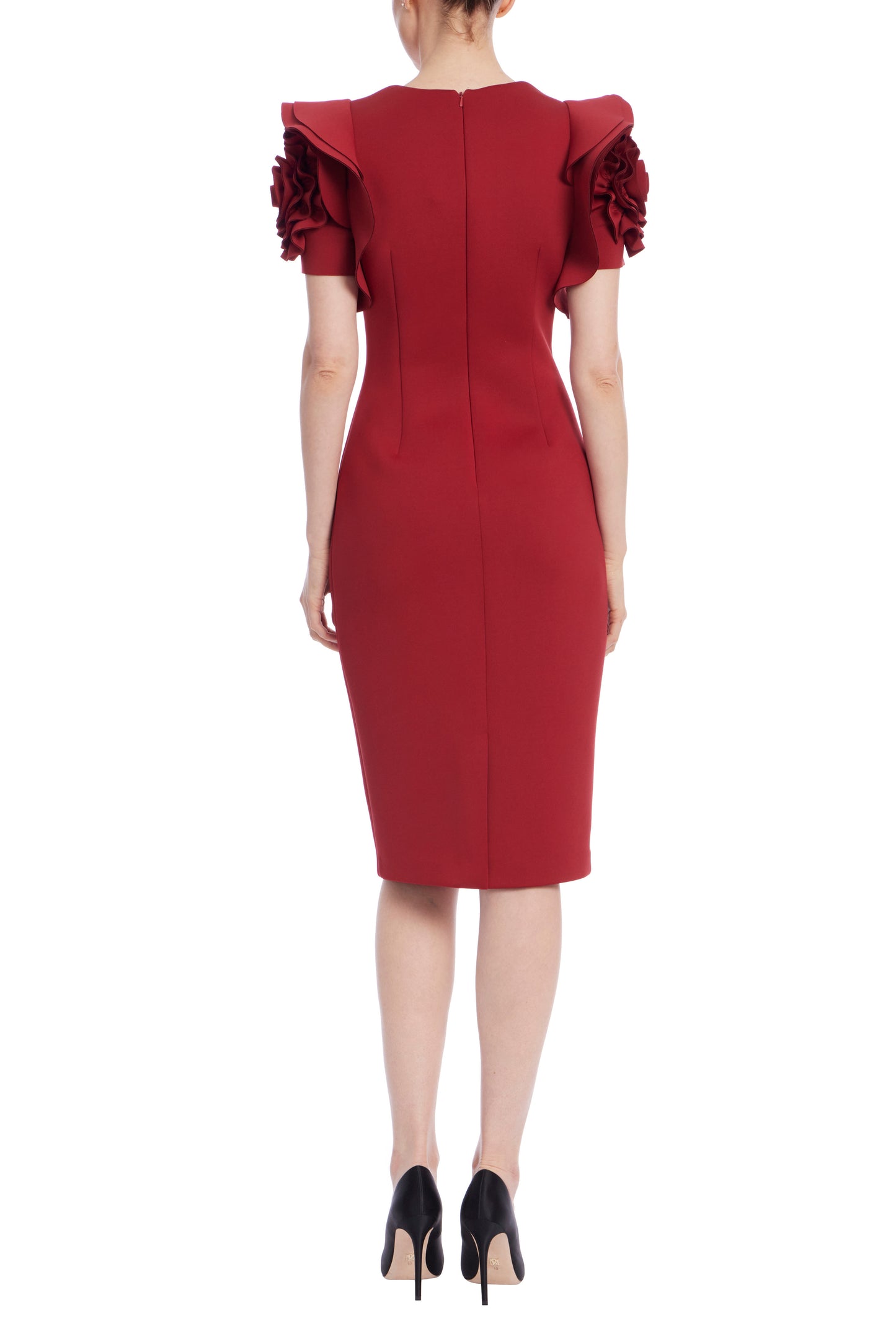 Badgley Mischka V-Neck Ruffled Rosette Sleeves Midi Sheath Dress