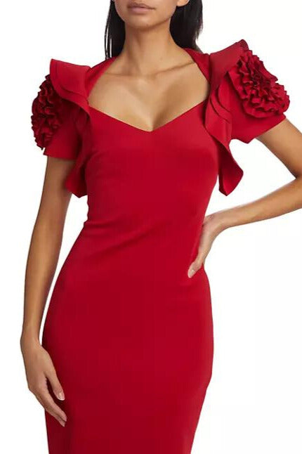 Badgley Mischka V-Neck Ruffled Rosette Sleeves Midi Sheath Dress