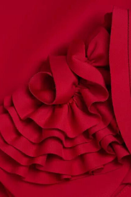 Badgley Mischka V-Neck Ruffled Rosette Sleeves Midi Sheath Dress