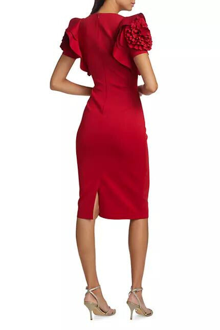 Badgley Mischka Ruffled Rosette Sleeves Sheath Dress - Wholesale - RED - Back