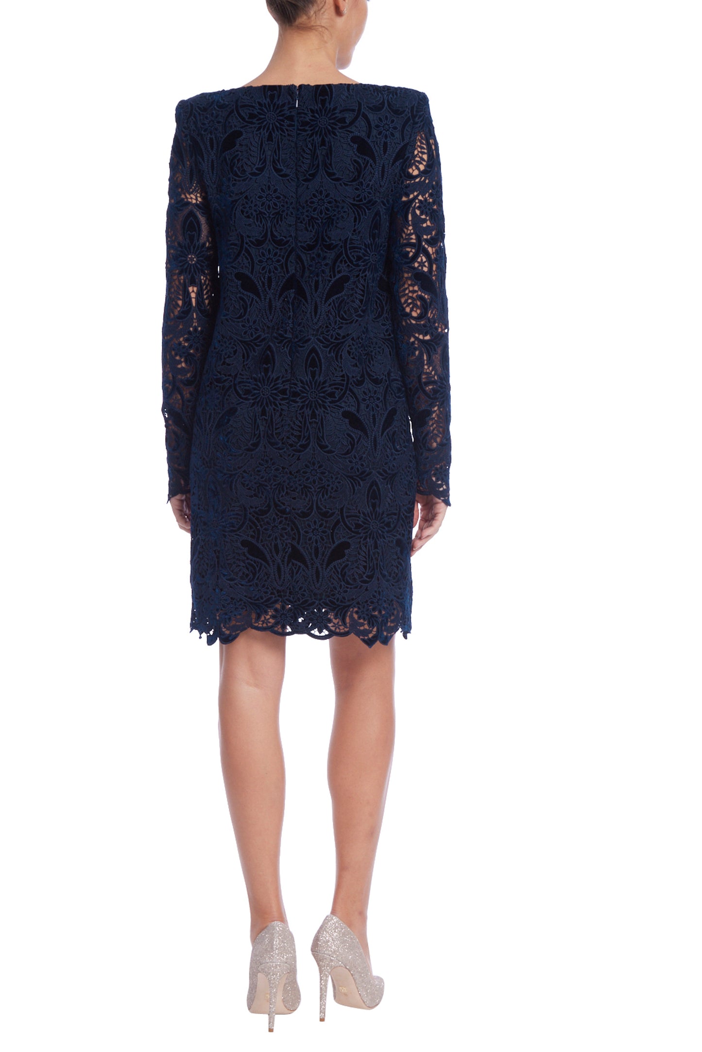 Badgley Mischka Boat Neckline Semi-Sheer Lace Long Sleeves Chic Silhouette Chemise Scalloped Trim Dress - NAVY - Back
