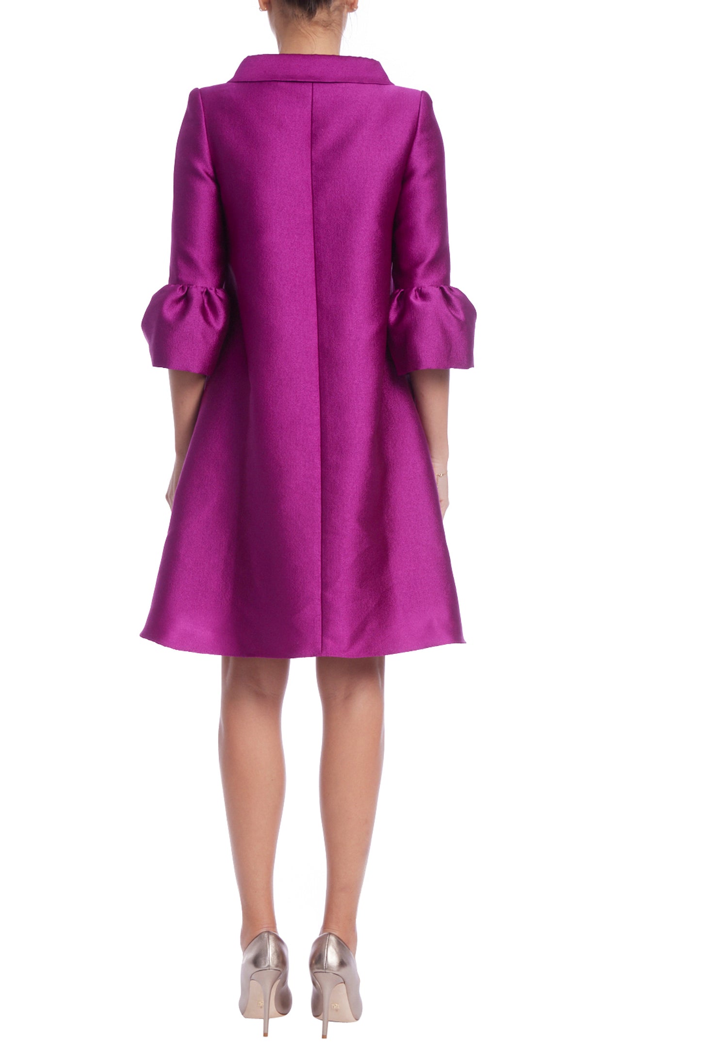 Badgley Mischka Crisp Collar Shirt Button Placket Quarter Sleeves Bell Cuffs Boxy Gazar A-Line Silhouette Dress - PURPLE - back