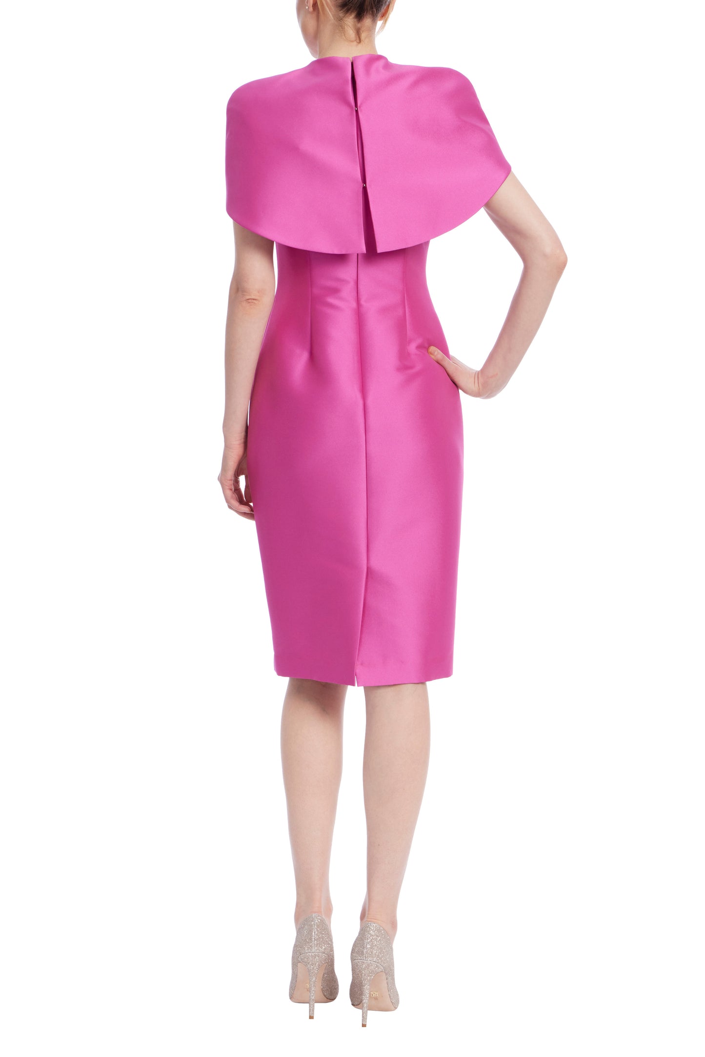 Badgley Mischka Shoulder Sculpted Cape Overlay Fitted Sheath Silhouette Dress - PINK - back