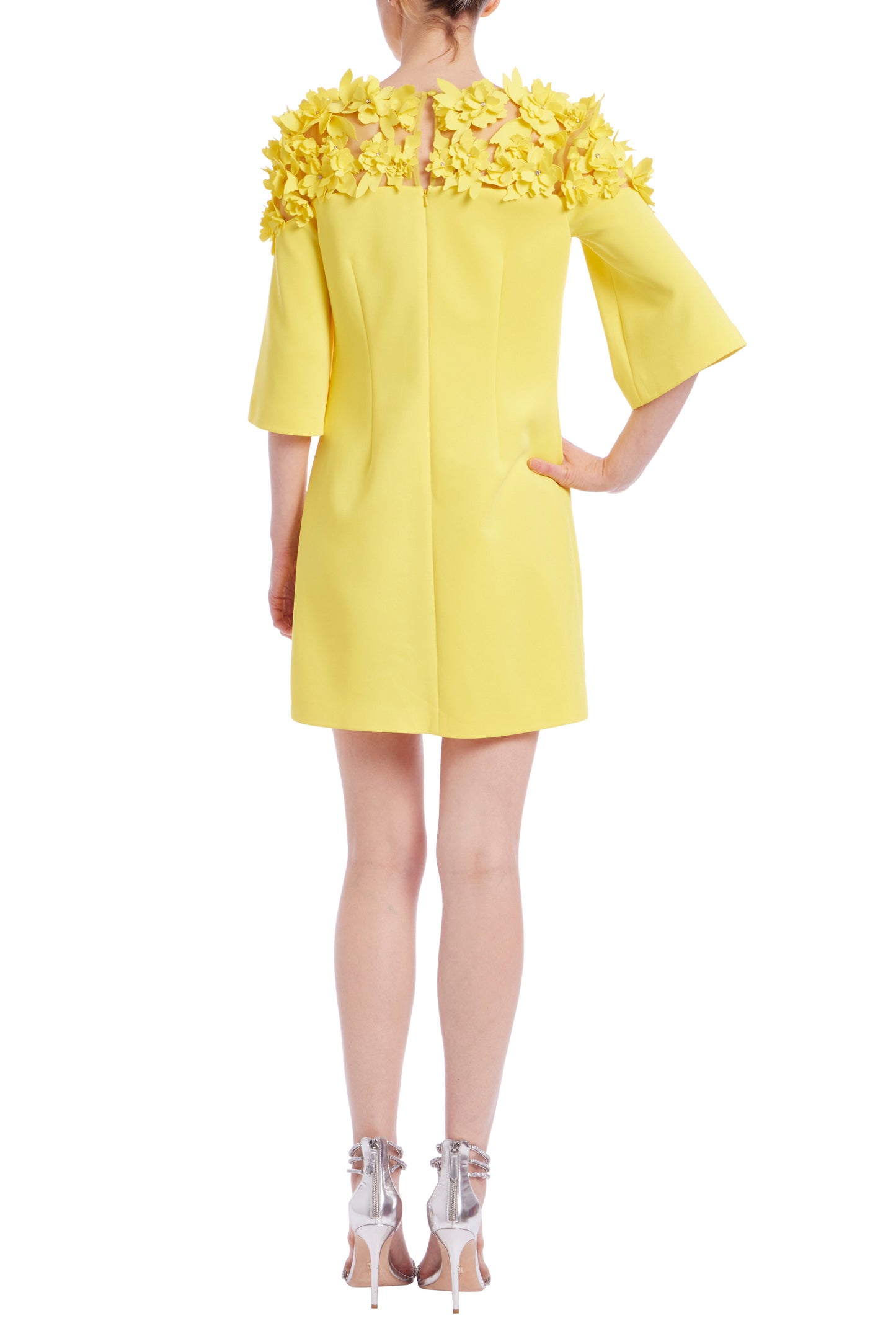 Badgley Mischka Flower Across Shoulder Elbow-Length Sleeves Above-The-Knee Hemline Shift Dress - YELLOW - Back