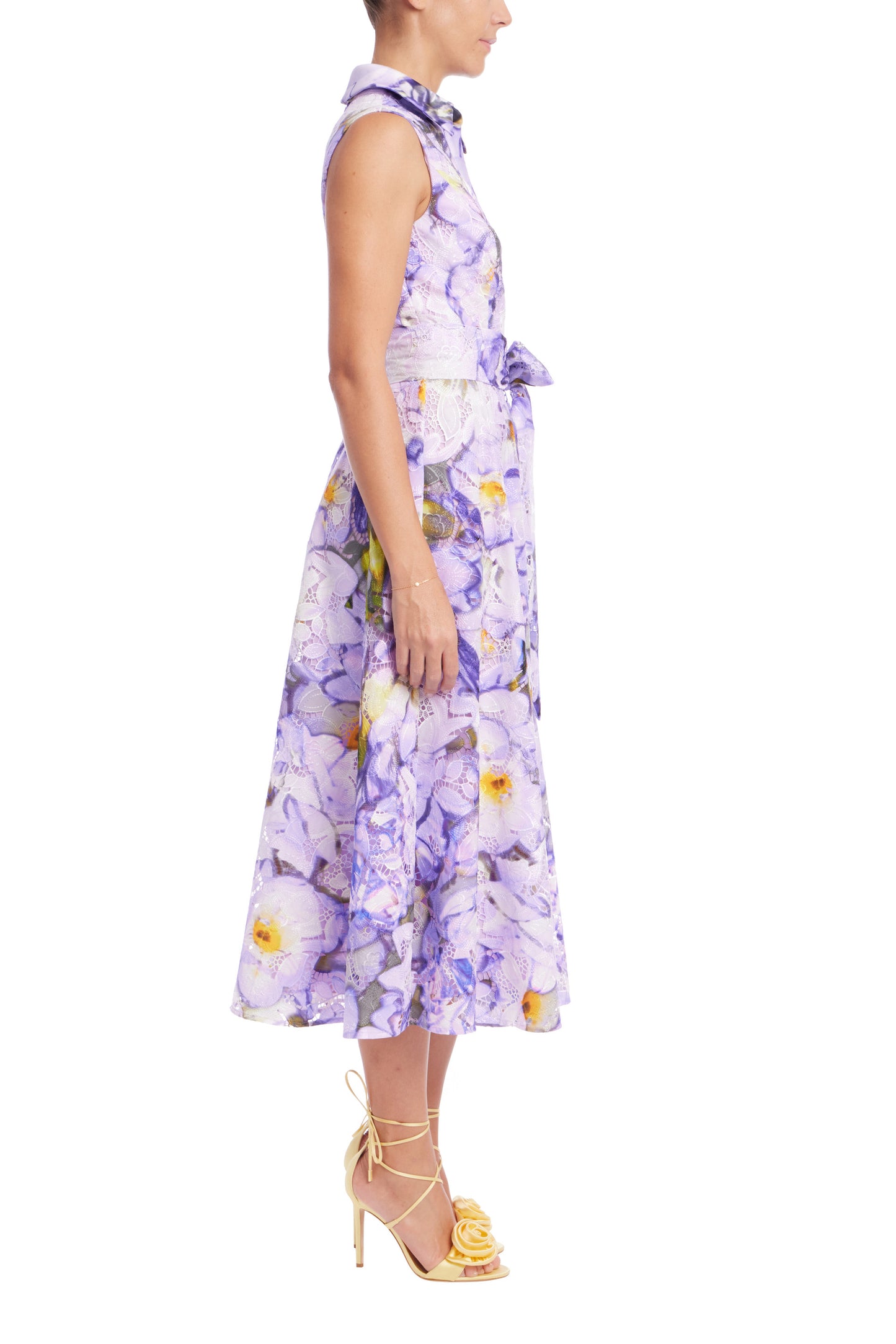 Badgley Mischka Sharp Collar Sleeveless Self-Tie Waist Belt A-Line Below-The-Knee Skirt Shirt Dress