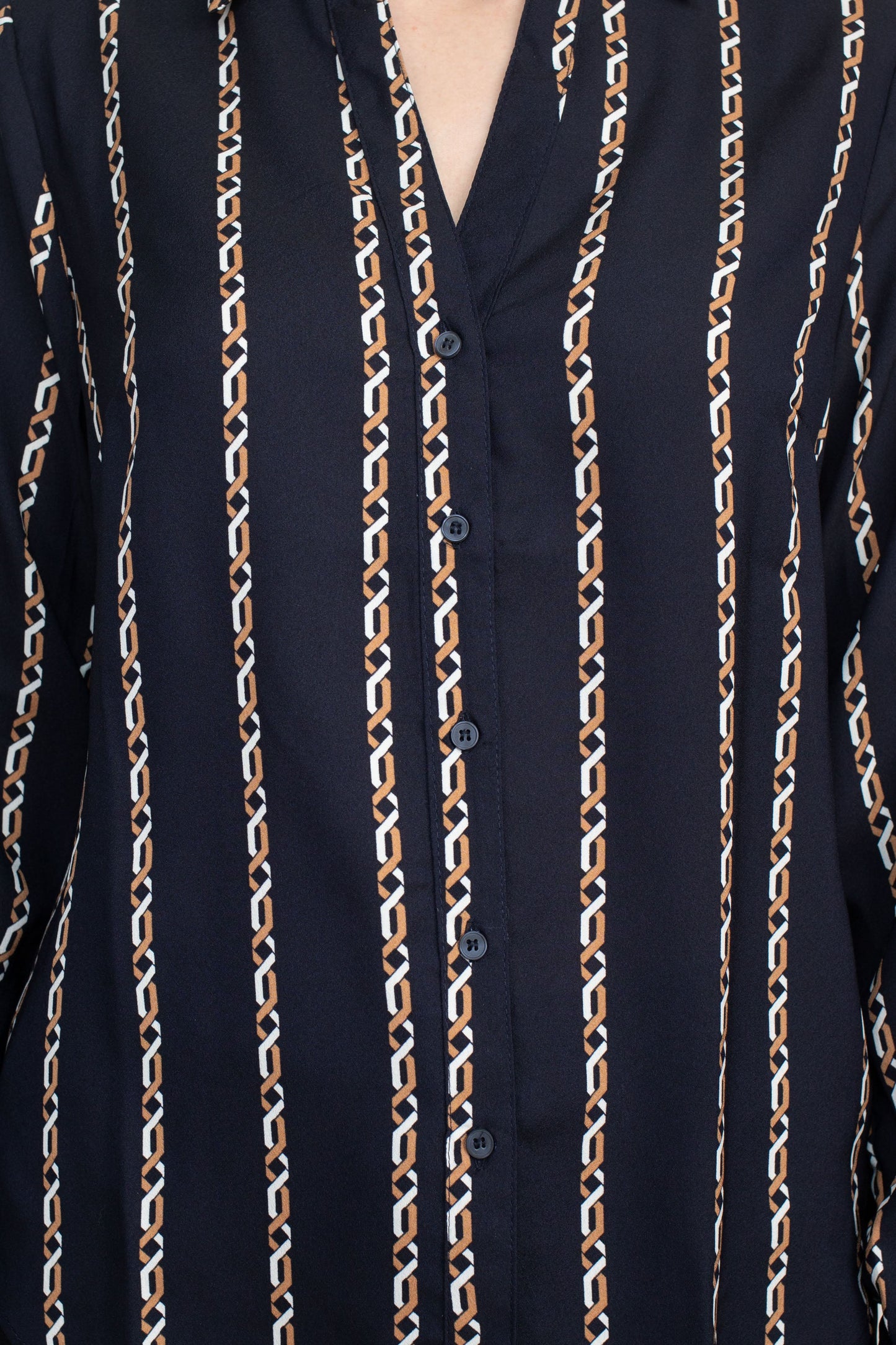 Joan Vass NY Collared V-Neck Button Down Button Cuffed Long Sleeve Back Yoke Printed Woven Top