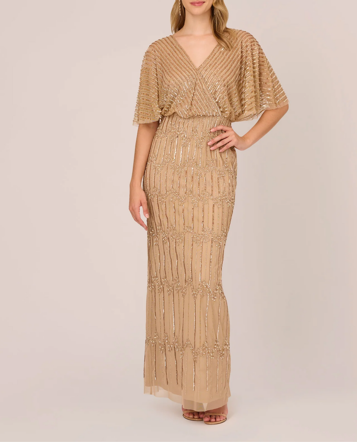 V-Neck Floor-Length Sequin Formal Sheath Adrianna Papell AP1E209335