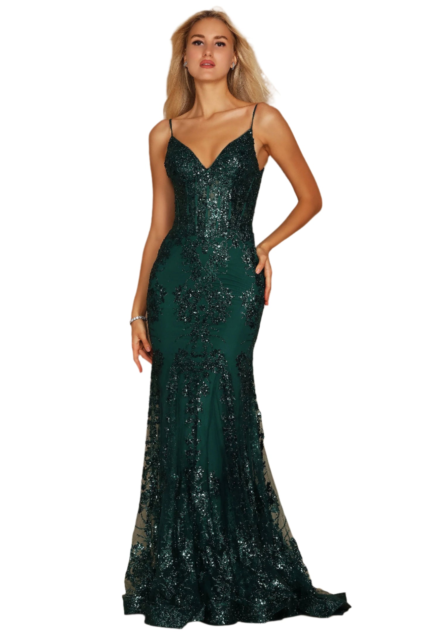 Kos Couture Fitted Corset-Style Full-Length Formal Gown Prom Dress - EMERALD - Front