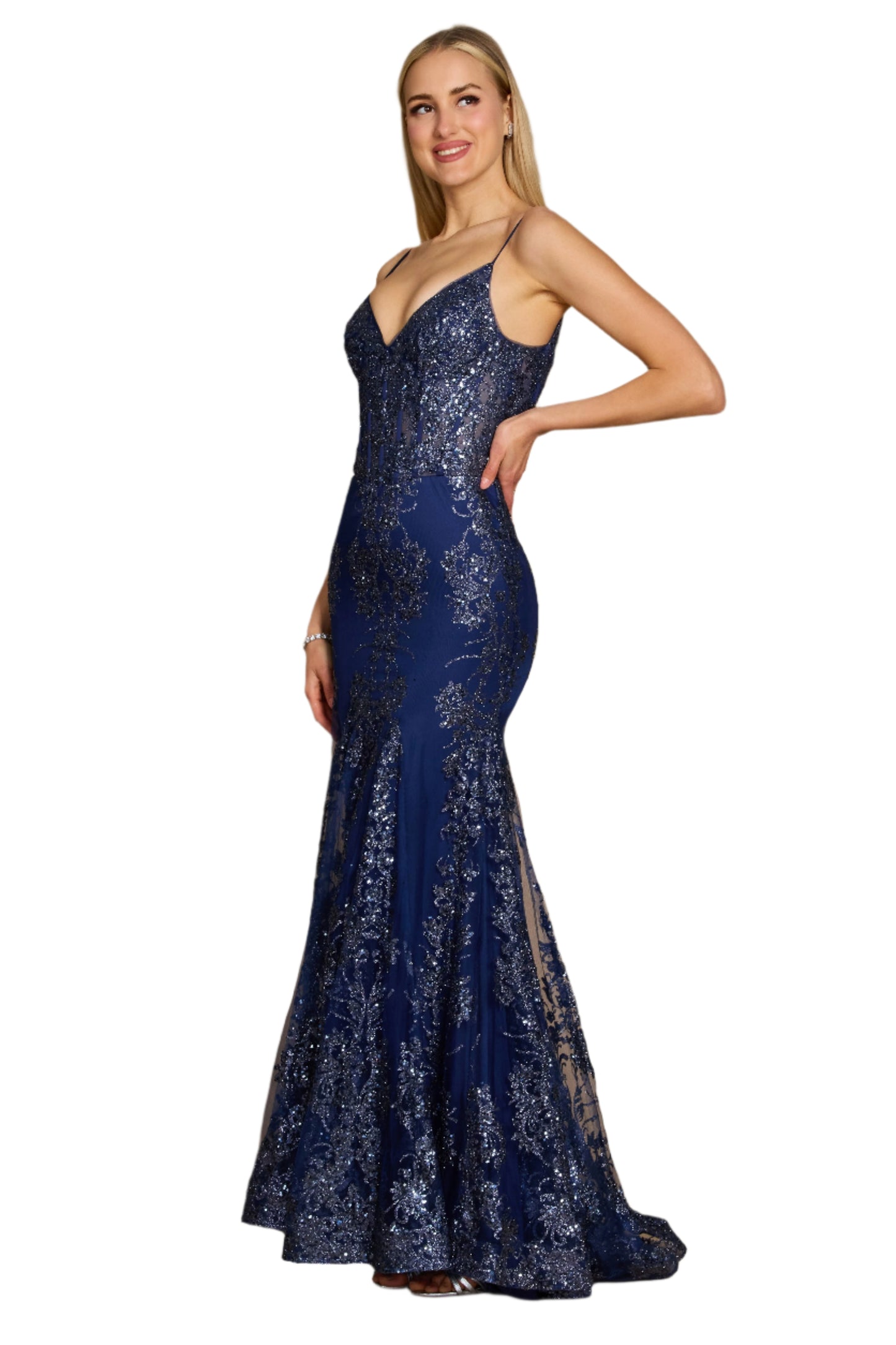 Kos Couture Fitted Corset-Style Full-Length Formal Gown Prom Dress - NAVY - Side