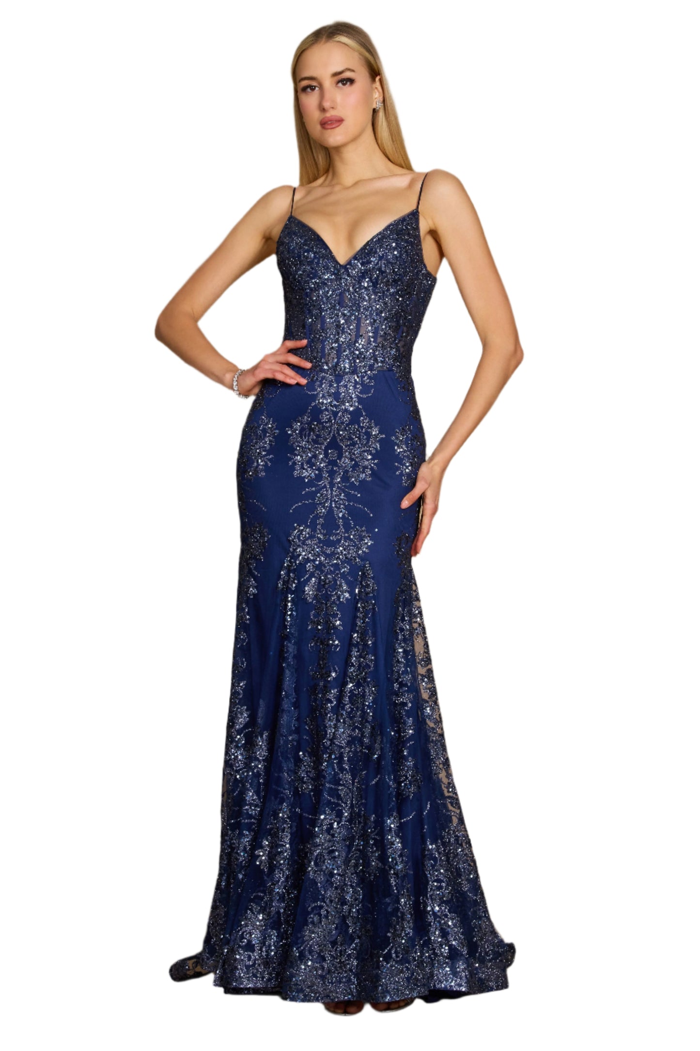 Kos Couture Fitted Corset-Style Full-Length Formal Gown Prom Dress - NAVY - Front