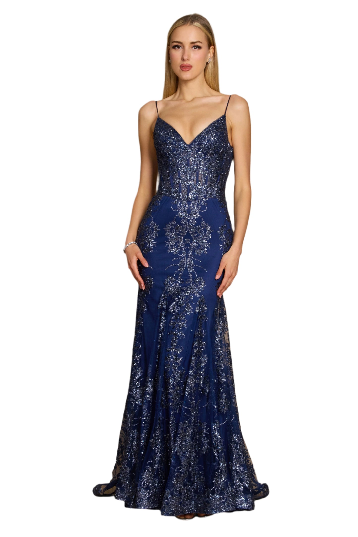 Kos Couture Fitted Corset-Style Full-Length Formal Gown Prom Dress - NAVY - Full Front View