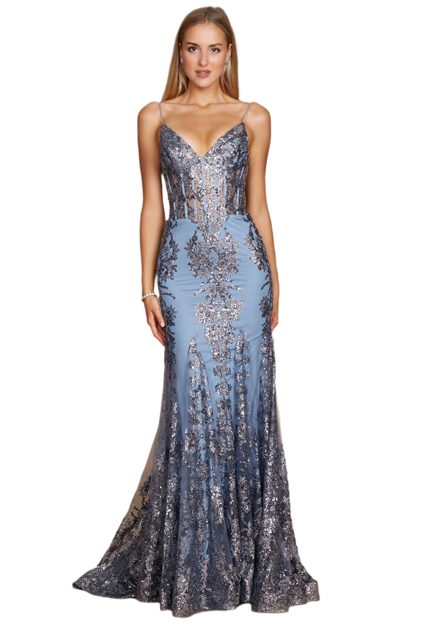 Kos Couture Fitted Corset-Style Full-Length Formal Gown Prom Dress - PLATINUM - Front