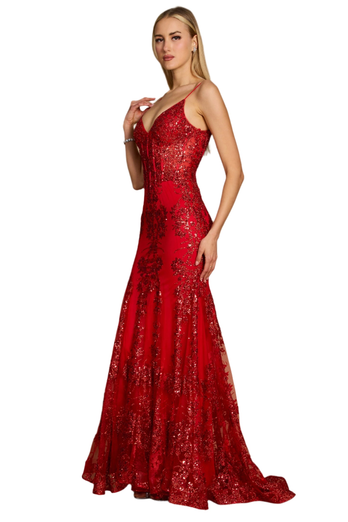 Kos Couture Fitted Corset-Style Full-Length Formal Gown Prom Dress - RED - Side