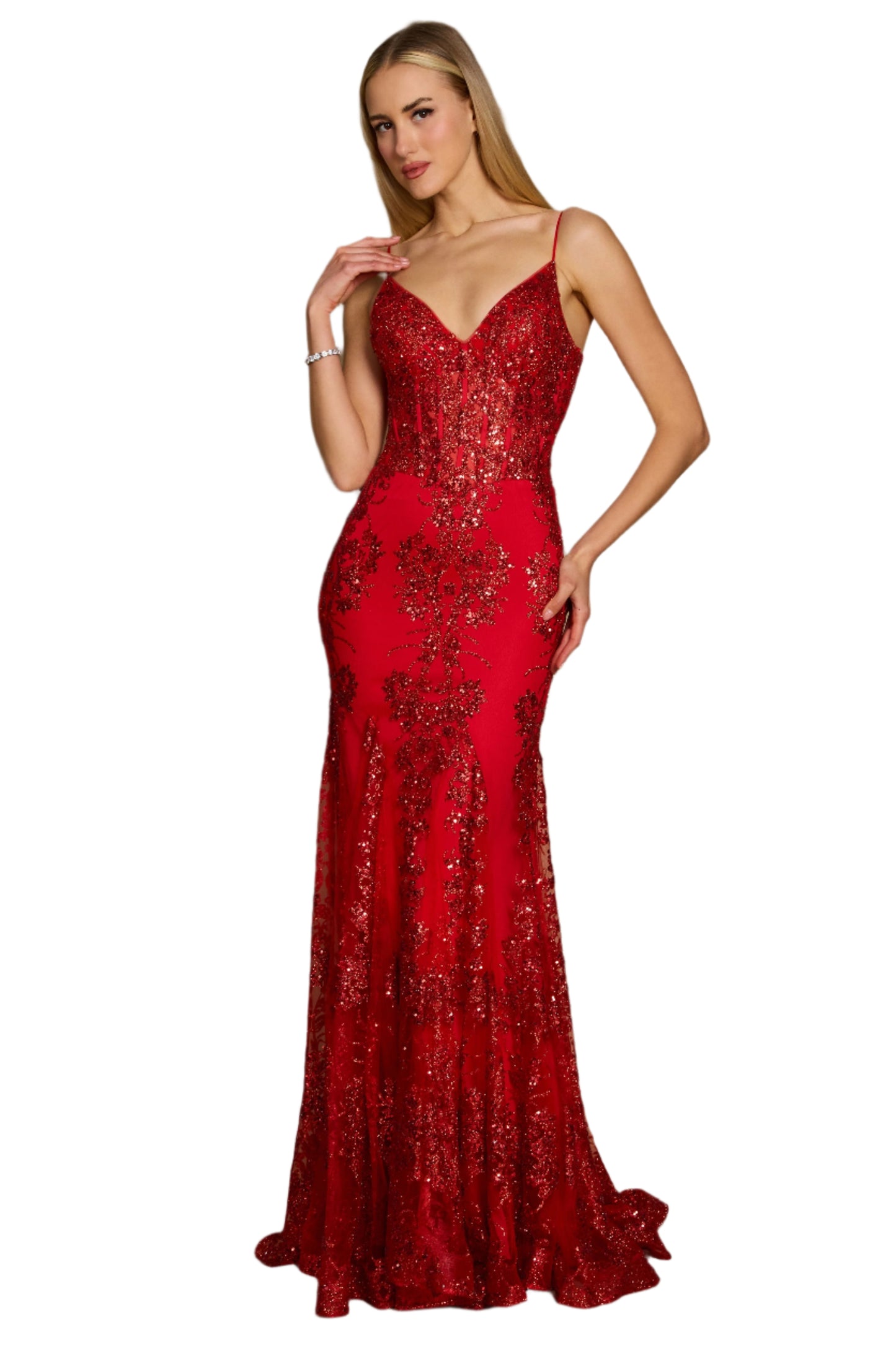 Kos Couture Fitted Corset-Style Full-Length Formal Gown Prom Dress - RED - Front