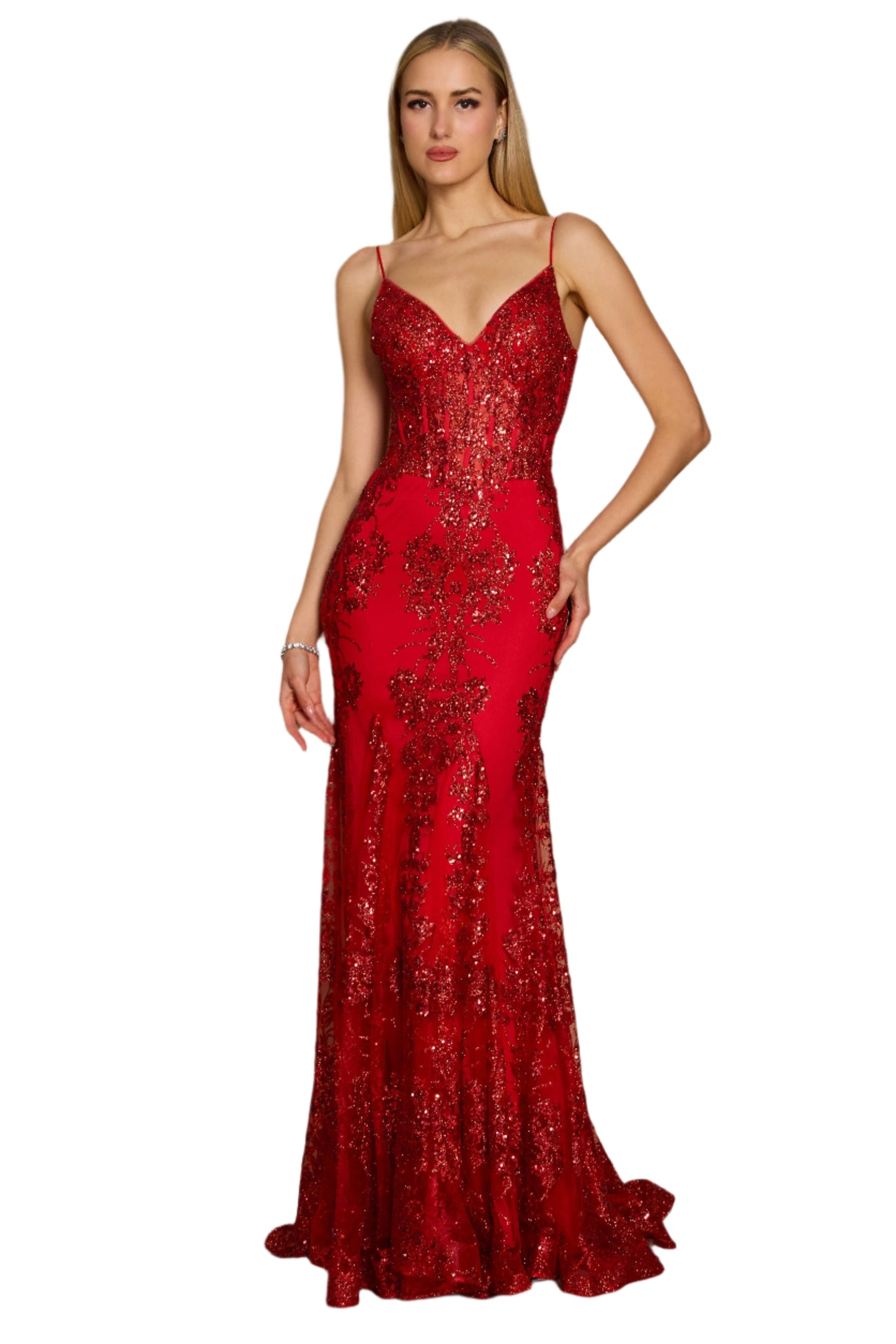 Kos Couture Fitted Corset-Style Full-Length Formal Gown Prom Dress - RED - Front View