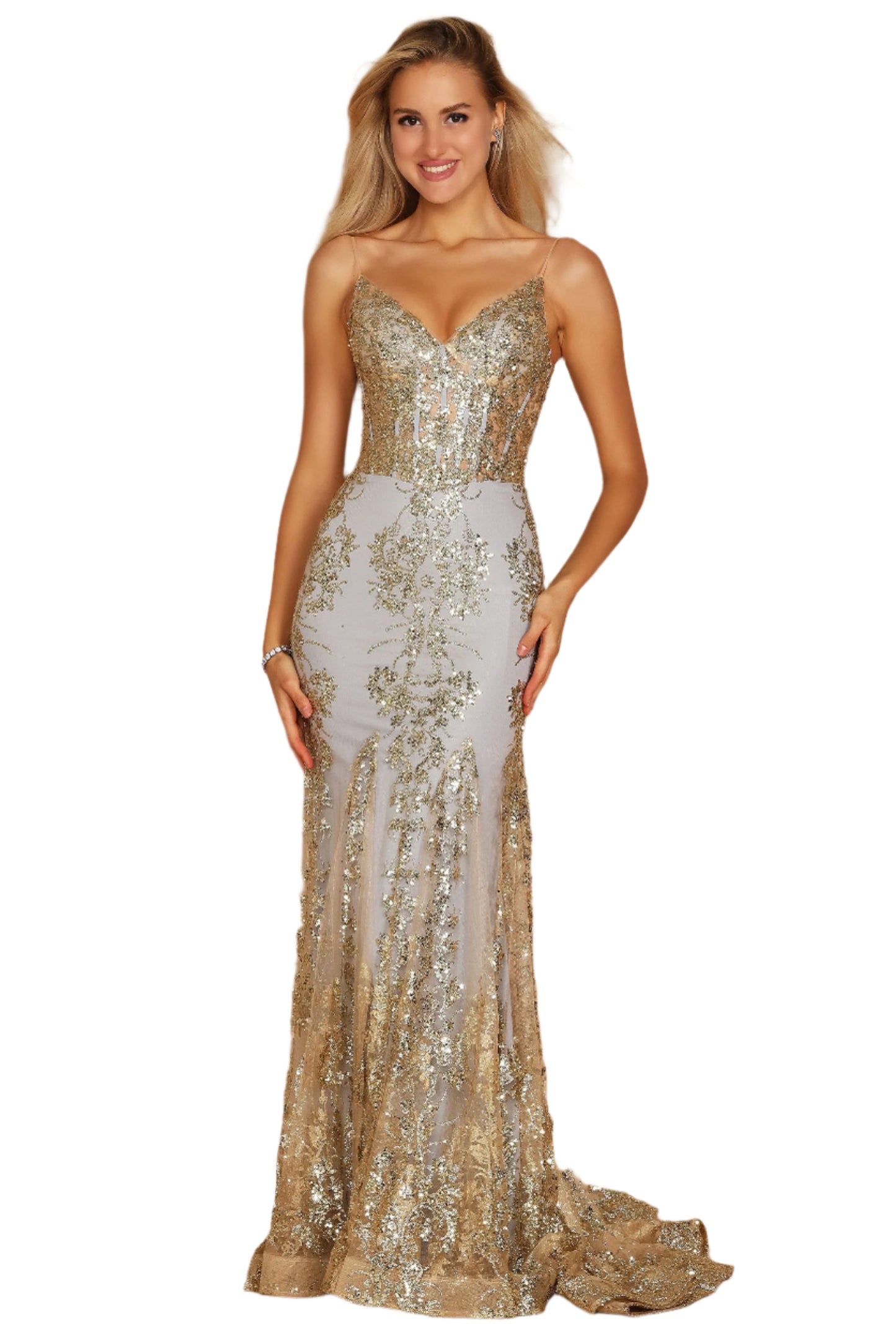 Kos Couture Fitted Corset-Style Full-Length Formal Gown Prom Dress - TIFFANY GOLD - Front