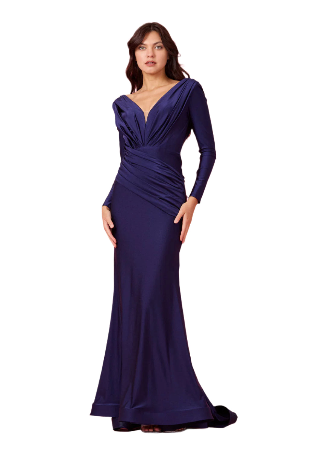 Dylan and Davids Full-Length Sleeve Fitted Formal Gown Evening Dress - NAVY - Front View