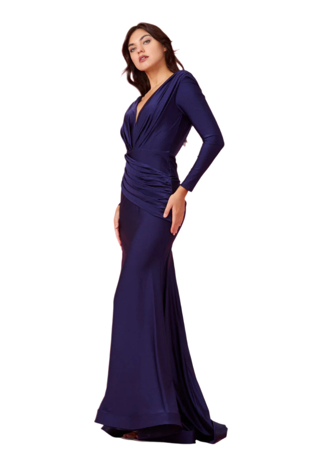 Dylan and Davids Full-Length Sleeve Fitted Formal Gown Evening Dress - NAVY - Side