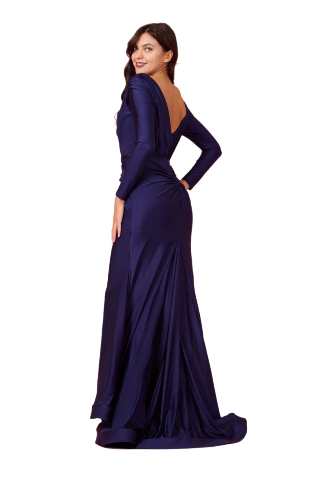 Dylan and Davids Full-Length Sleeve Fitted Formal Gown Evening Dress - NAVY - Back