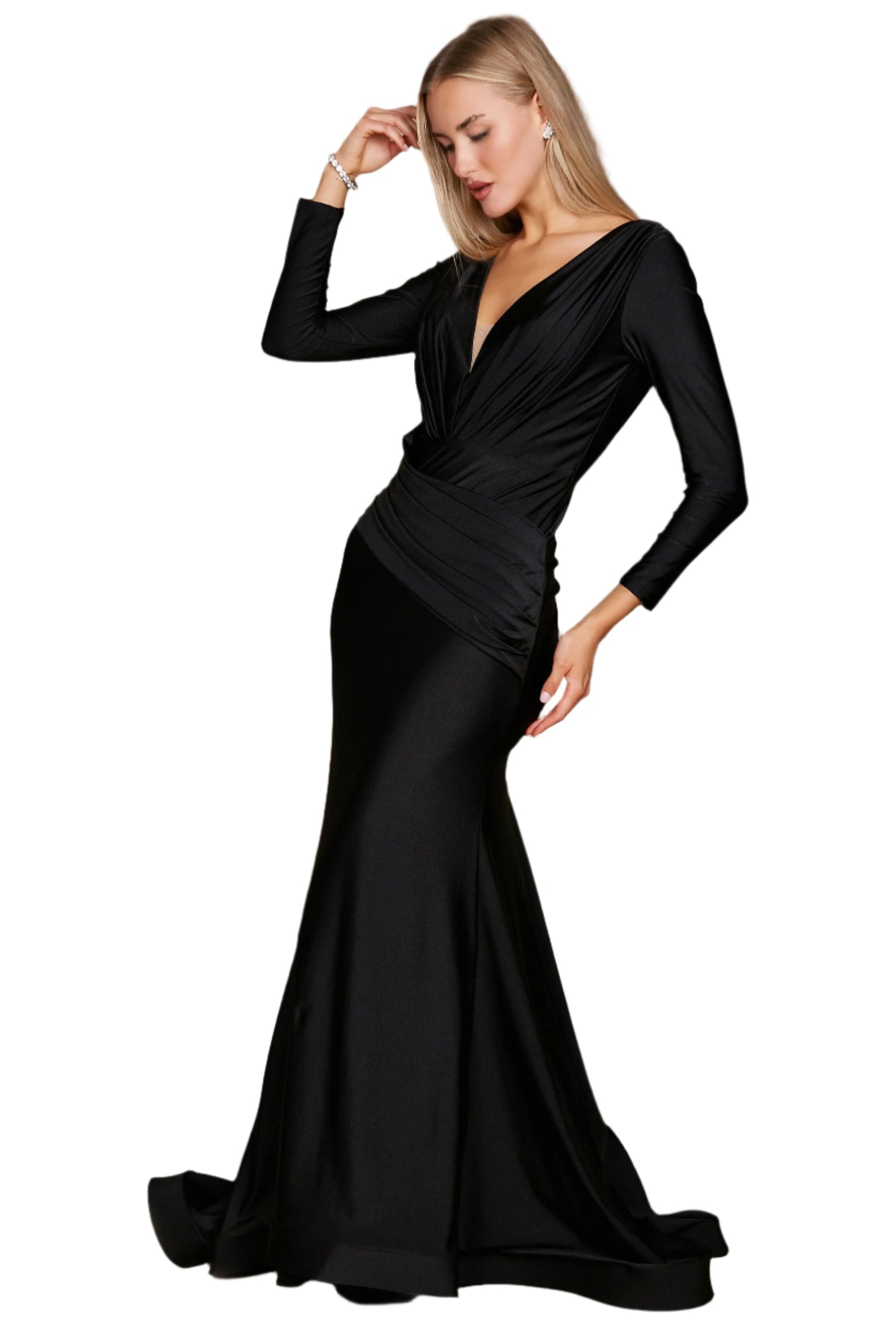 Dylan and Davids Full-Length Sleeve Fitted Formal Gown Evening Dress - BLACK - Side View