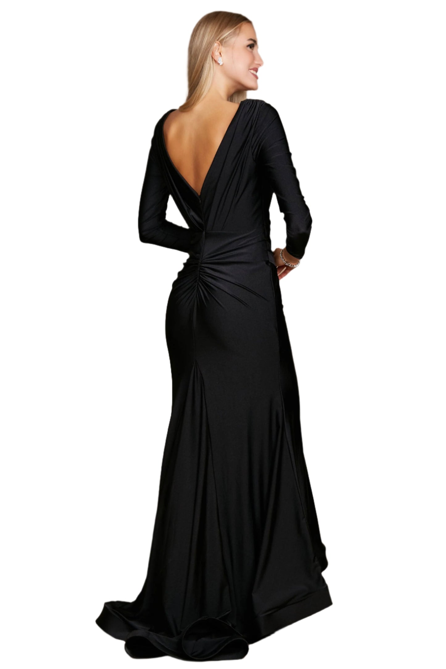 Dylan and Davids Full-Length Sleeve Fitted Formal Gown Evening Dress - BLACK - Back