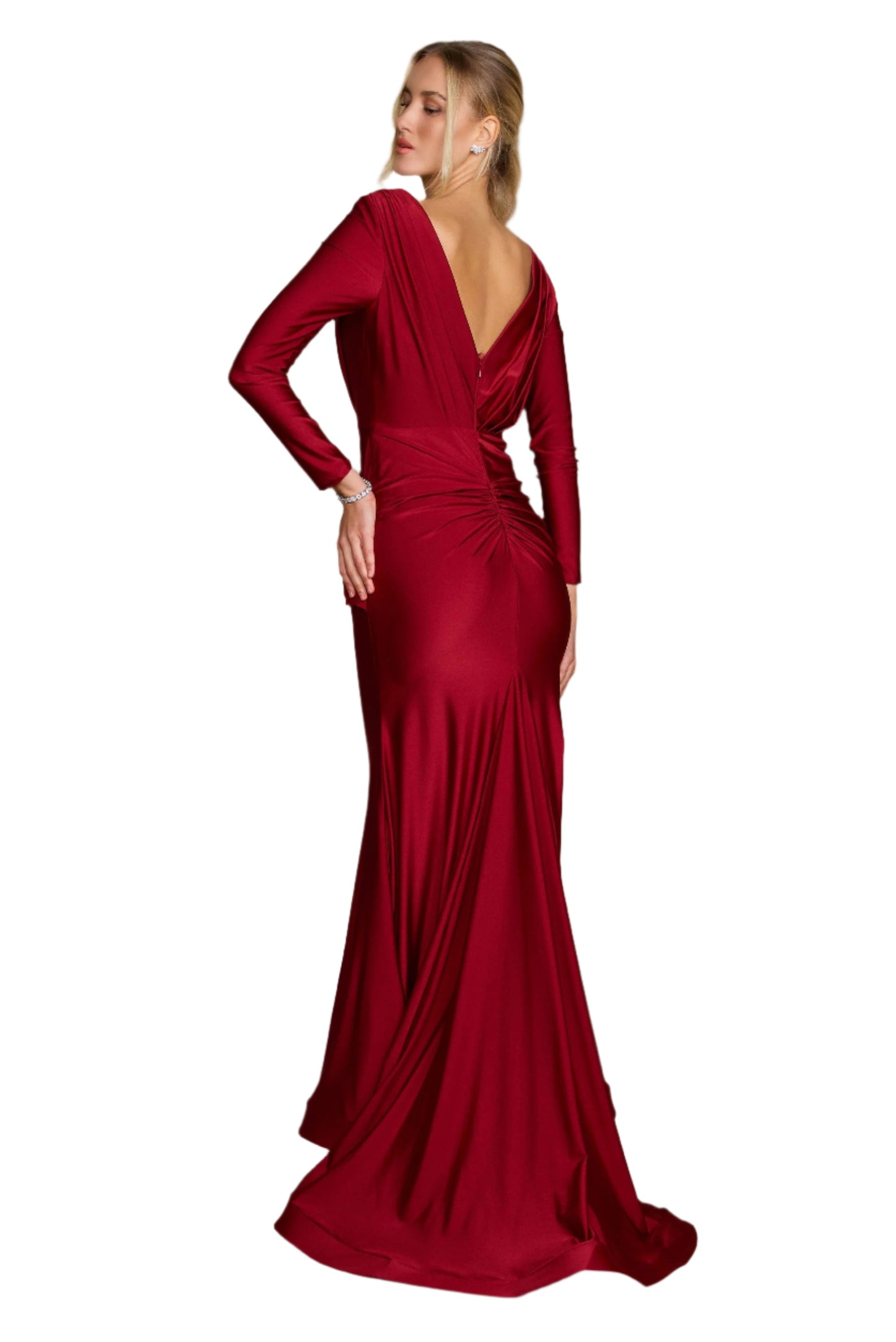 Dylan and Davids Full-Length Sleeve Fitted Formal Gown Evening Dress - BURGUNDY - Back