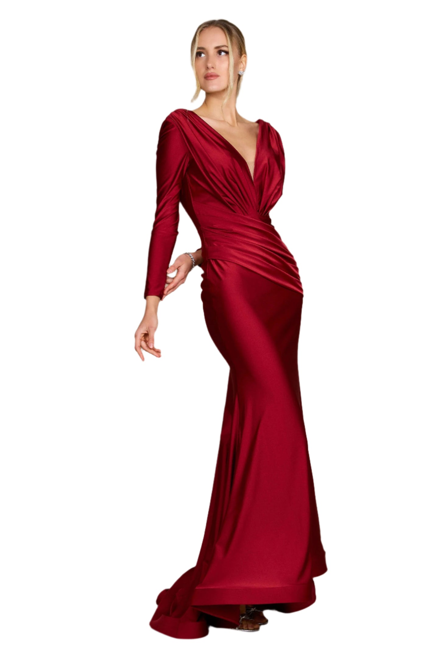 Dylan and Davids Full-Length Sleeve Fitted Formal Gown Evening Dress - BURGUNDY - Front