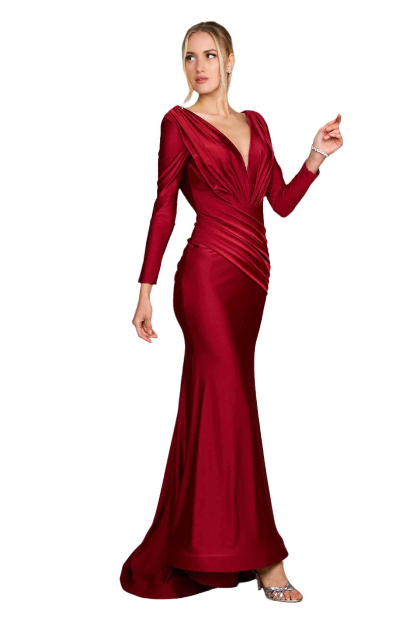 Dylan and Davids Full-Length Sleeve Fitted Formal Gown Evening Dress - BURGUNDY - Side