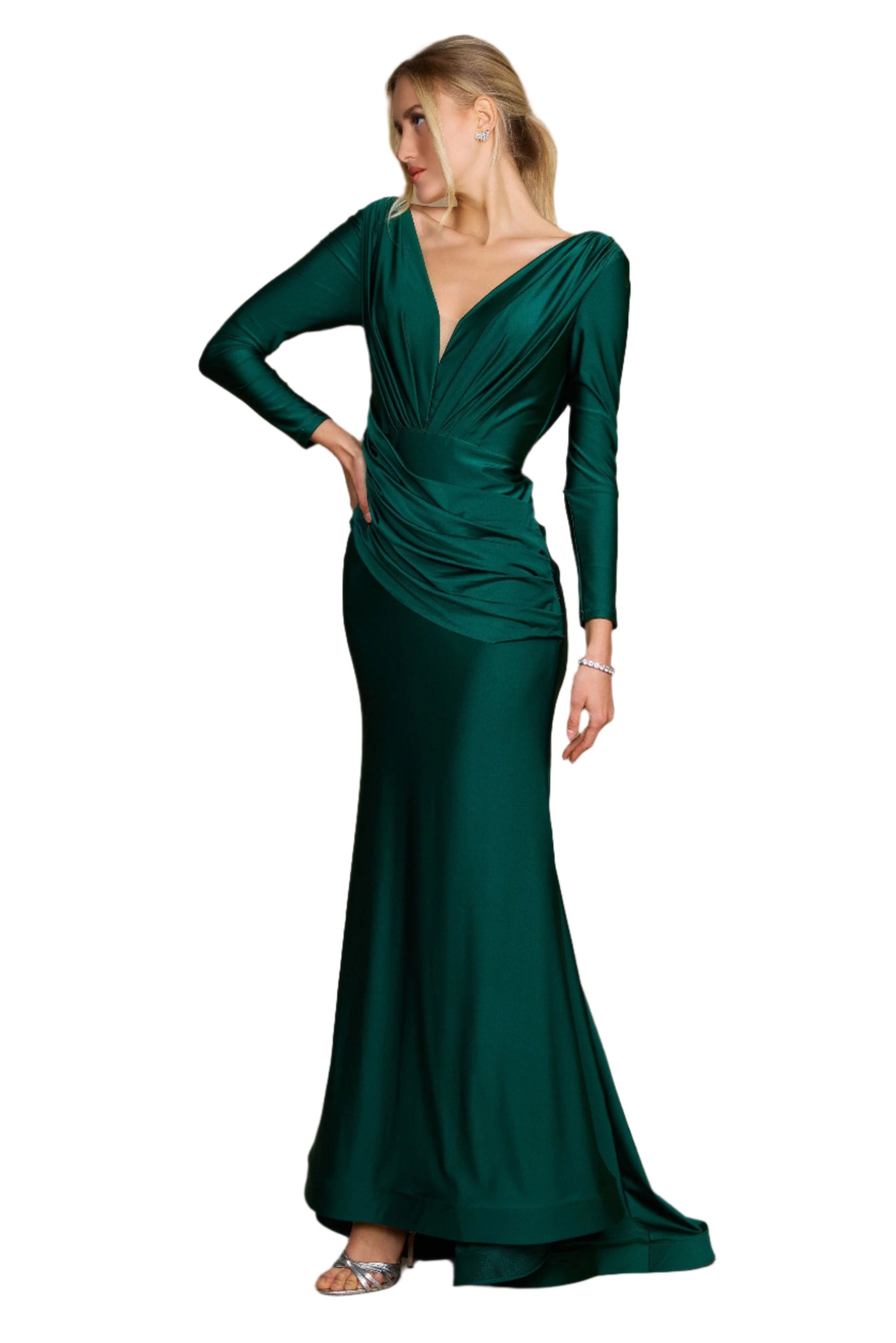 Dylan and Davids Full-Length Sleeve Fitted Formal Gown Evening Dress - EMERALD GREEN - Side