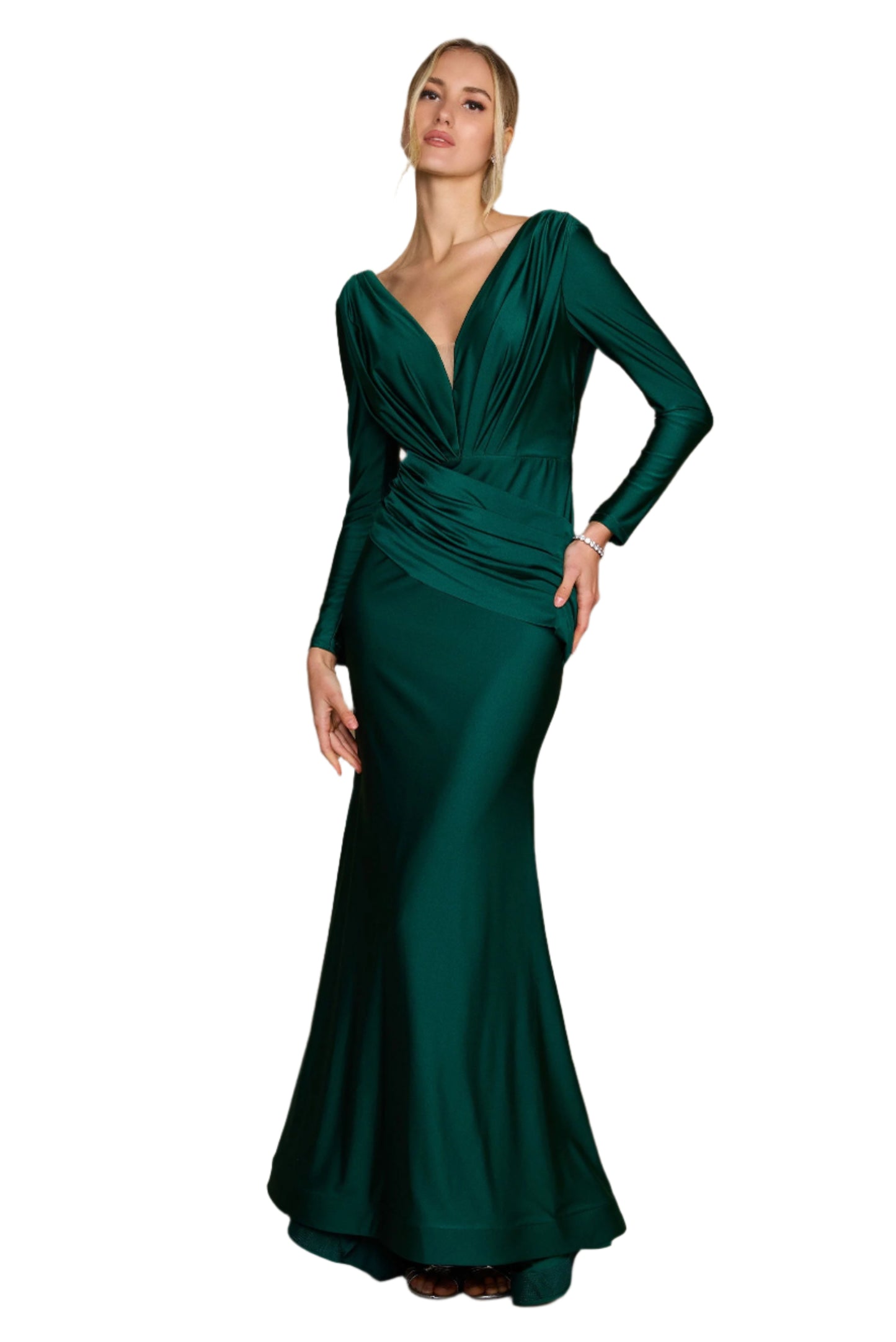 Dylan and Davids Full-Length Sleeve Fitted Formal Gown Evening Dress - EMERALD GREEN - Front