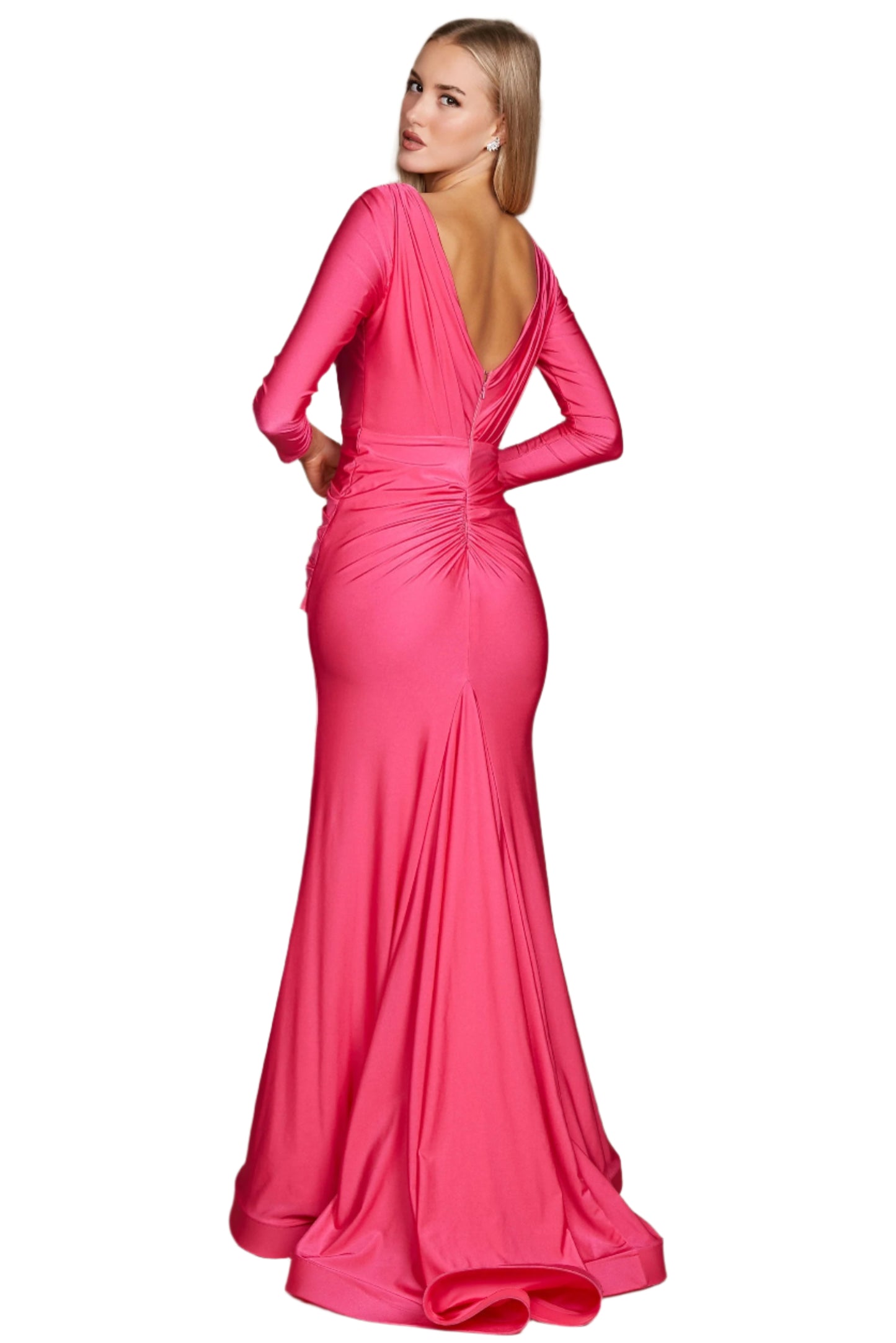 Dylan and Davids Full-Length Sleeve Fitted Formal Gown Evening Dress - FUCHSIA - Back