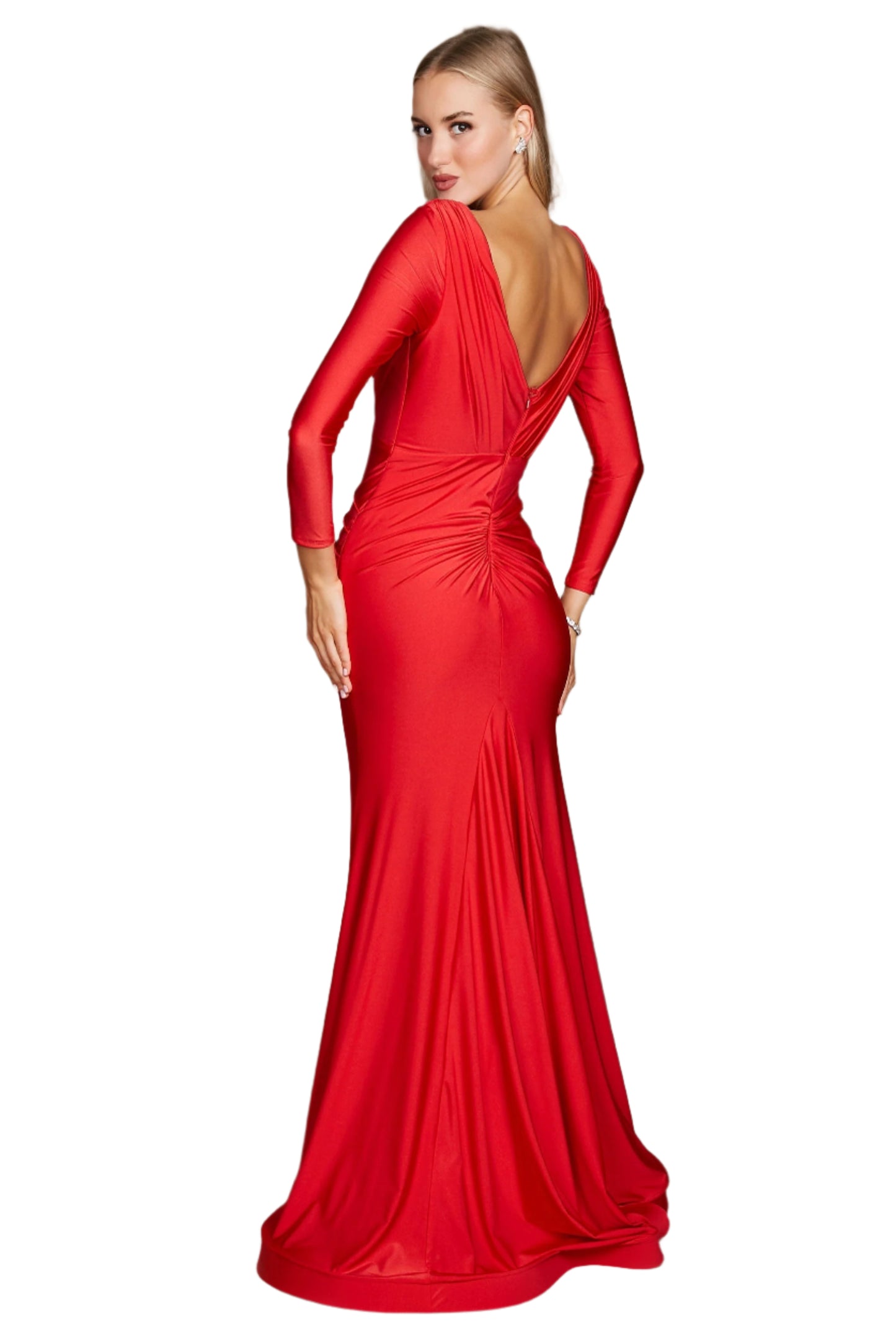 Dylan and Davids Full-Length Sleeve Fitted Formal Gown Evening Dress - RED - Back