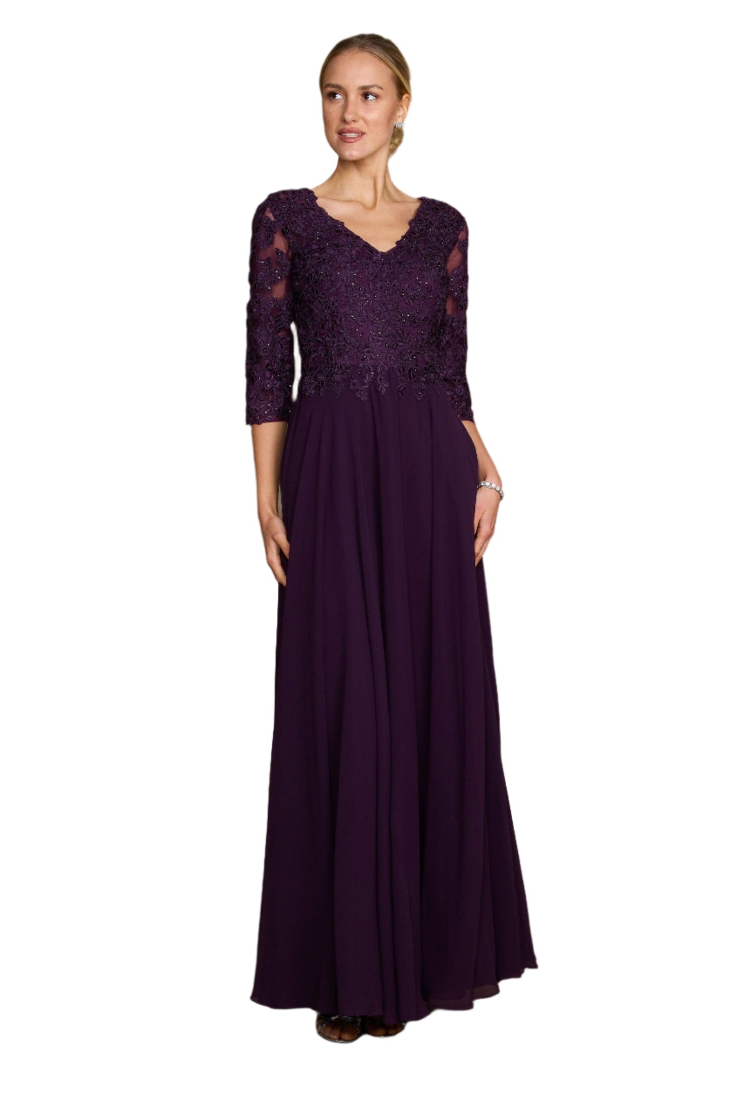 Dylan and Davids Full-Length Formal Gown Mother of the Bride Dress - EGGPLANT - Front