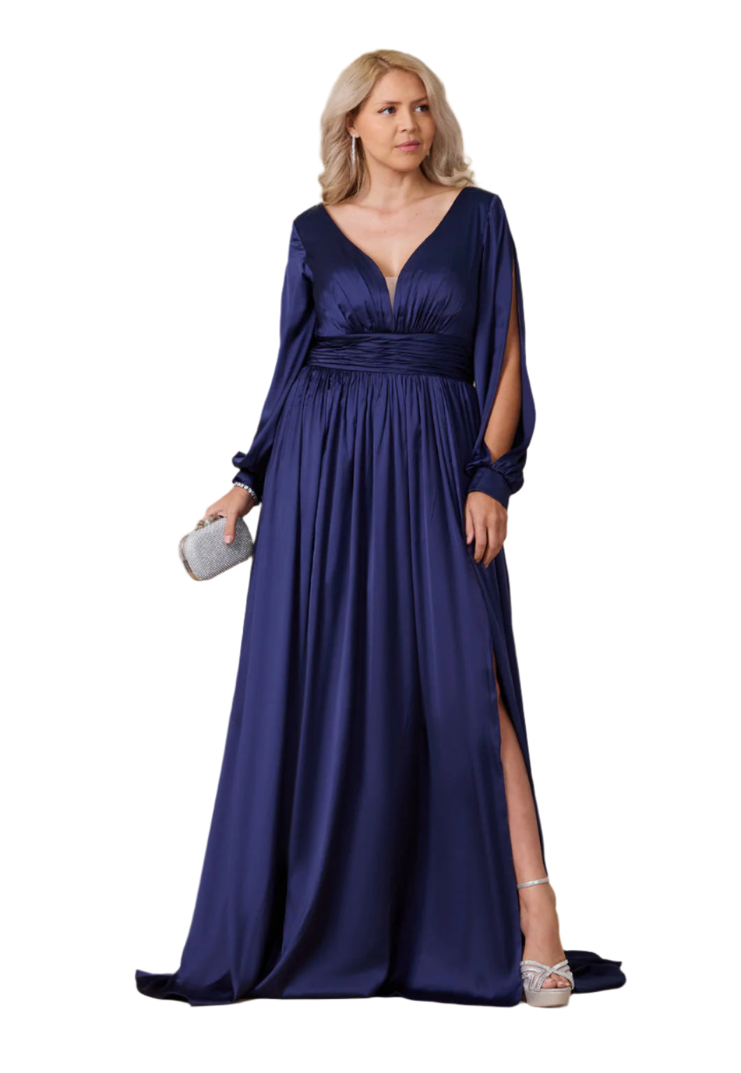 Dylan and Davids Full-Length Open Sleeve Satin Formal Gown Dress - NAVY - Front View