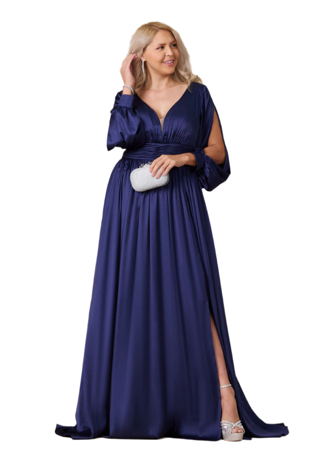 Dylan and Davids Full-Length Open Sleeve Satin Formal Gown Dress - NAVY - Front