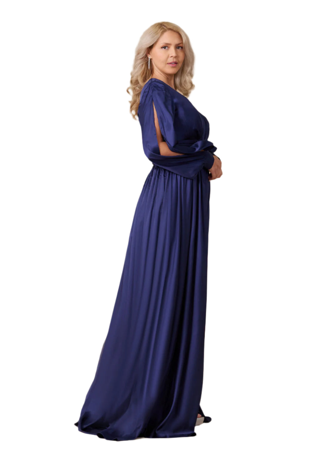 Dylan and Davids Full-Length Open Sleeve Satin Formal Gown Dress - NAVY - Side