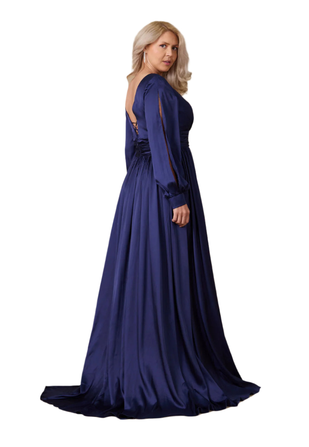 Dylan and Davids Full-Length Open Sleeve Satin Formal Gown Dress - NAVY - Back