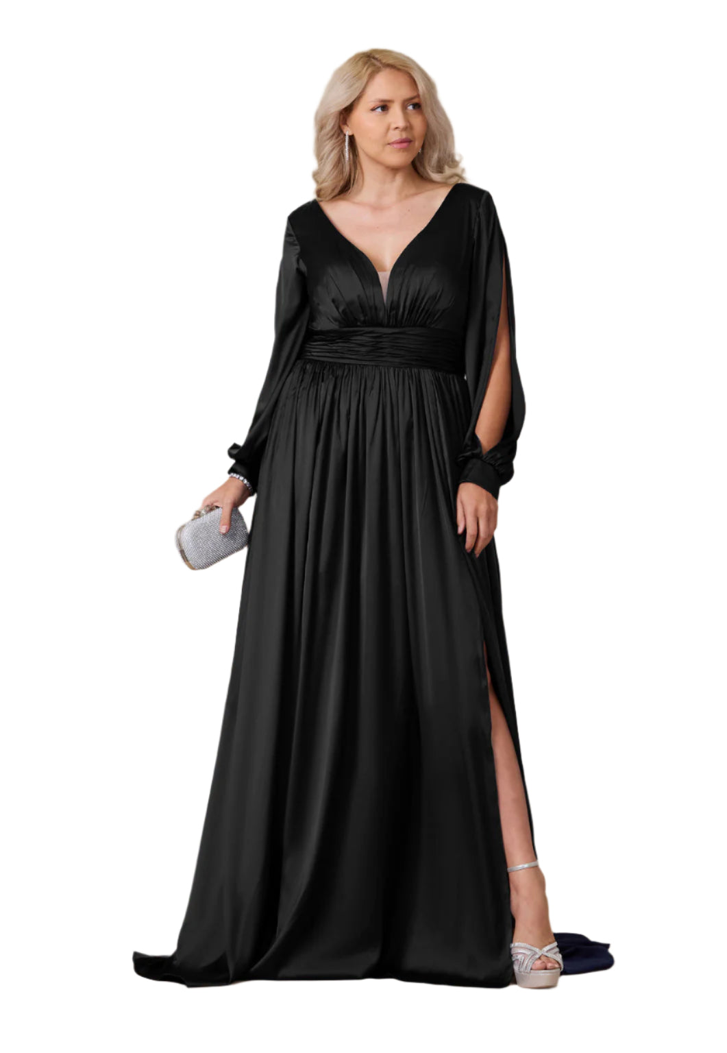 Dylan and Davids Full-Length Open Sleeve Satin Formal Gown Dress - BLACK - Front