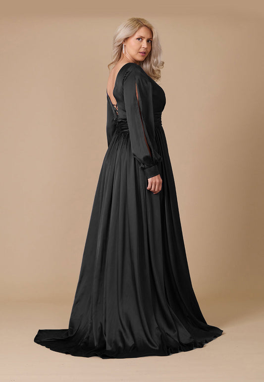 Floor Length Open Sleeve Satin Formal Dress