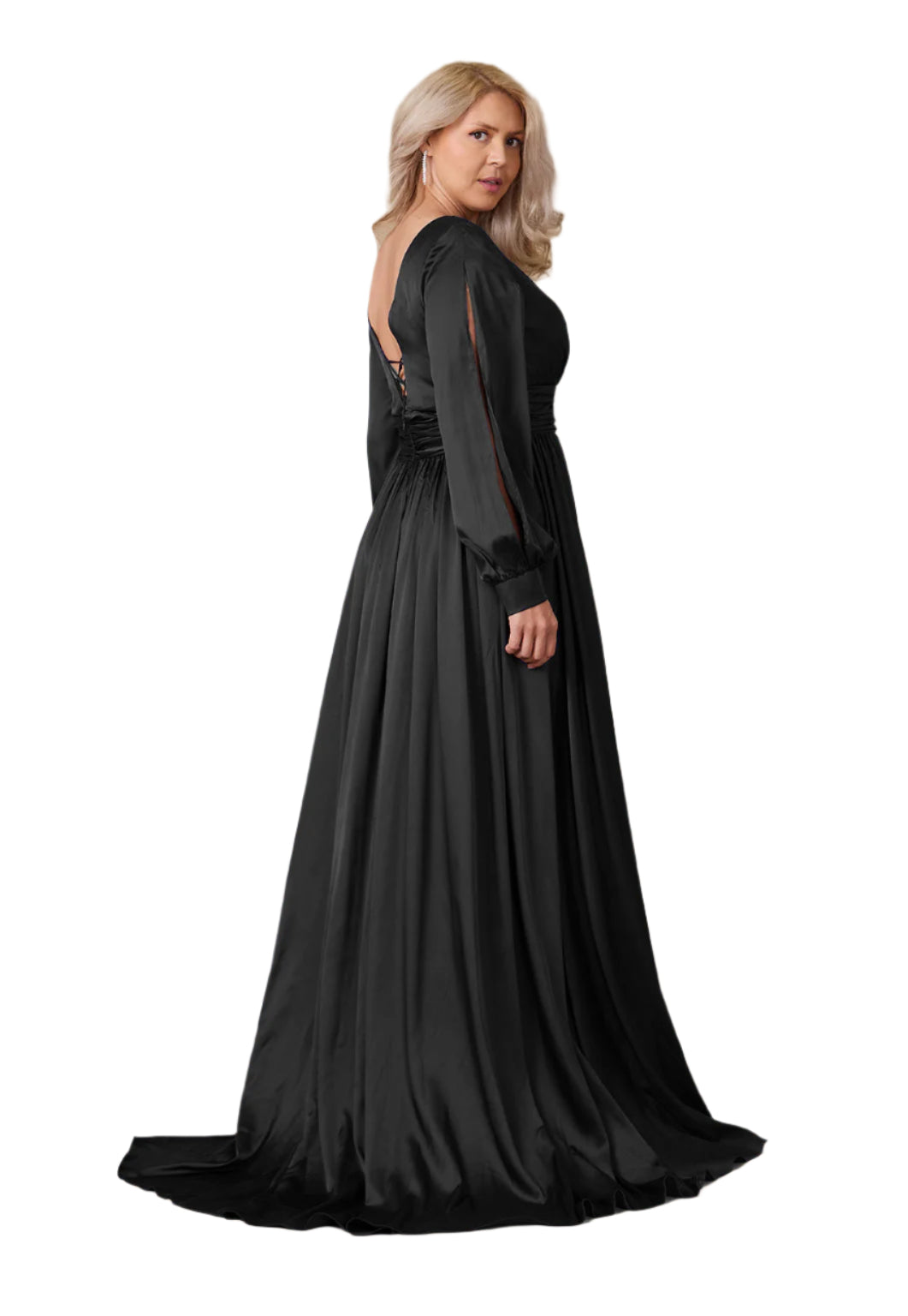 Dylan and Davids Full-Length Open Sleeve Satin Formal Gown Dress - BLACK - Back